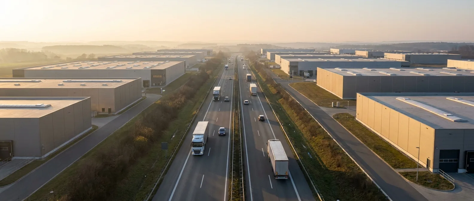 Deutscher Logistikkorridor mit Distributionszentren entlang einer Autobahn