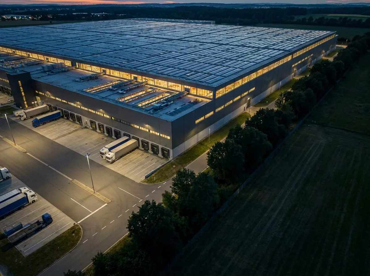 Abend-Luftbild des Investorenpakets eines Distributionszentrums mit PV-Dach und beginnendem Nachtbetrieb