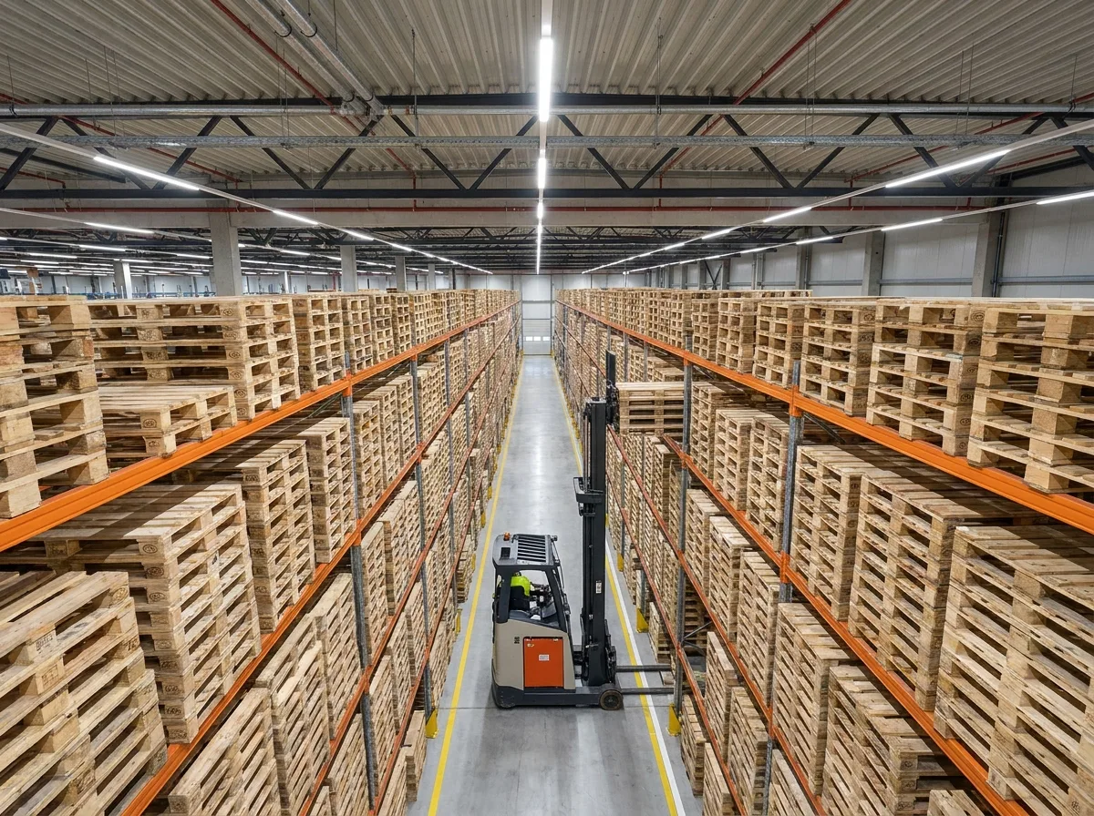 Hochregallager-Interior des Betreiberpakets mit Schmalgängen, Palettenregale und Schmalgangstapler