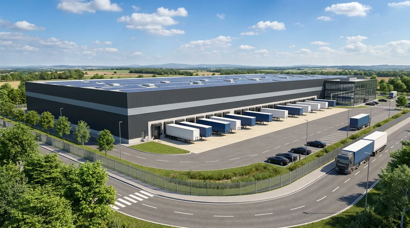 Konzeptvisualisierung für ein deutsches regionales Distributionszentrum mit PV-Dach, langer Docklinie und Landschaftspuffer