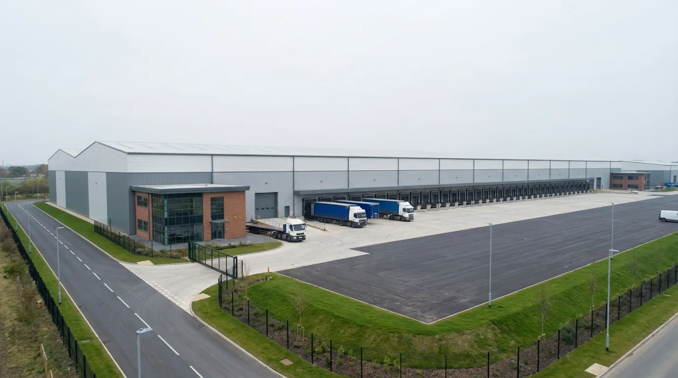 Distributionszentrum Planungsansicht mit Docklinie, Lkw-Hof, Landschaftspuffer und neutralem Tageslicht