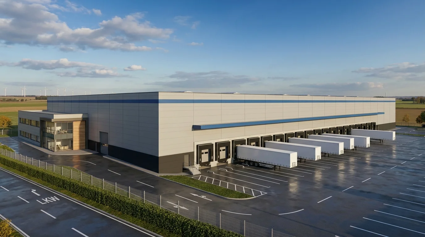 Konzept-CGI für eine Distributionshalle im Leipzig-Halle Korridor mit Hallenfront, Docklinie und Service Yard