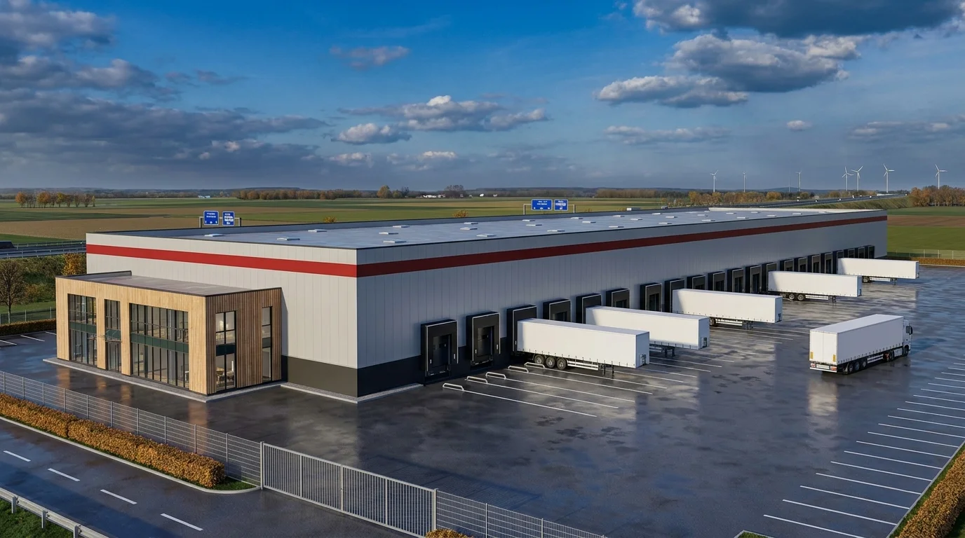 Konzept-CGI für ein Distributionszentrum im A2 Korridor bei Hannover mit Hallenfront, Docklinie und Yard