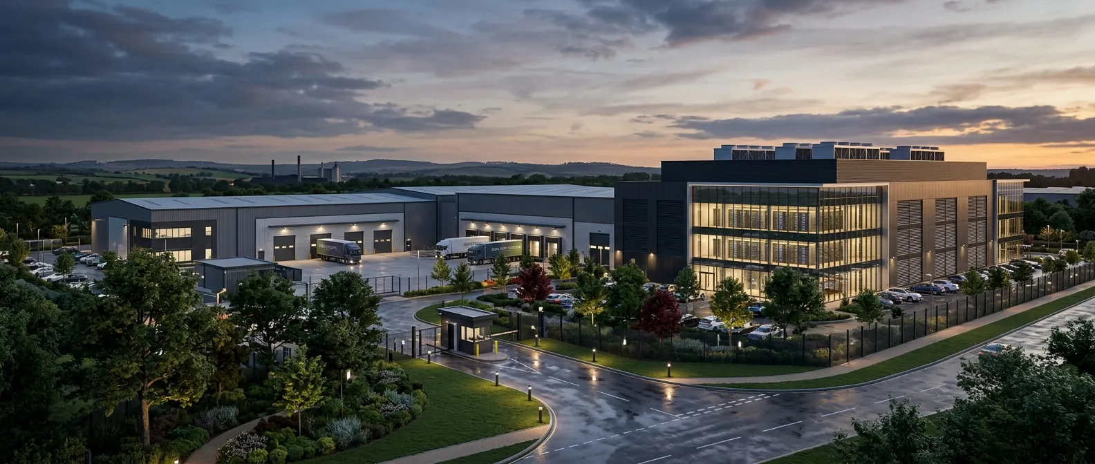 UK Referenz-CGI für ein regionales Distributionszentrum mit Zufahrt, Yard und Landschaftspuffer