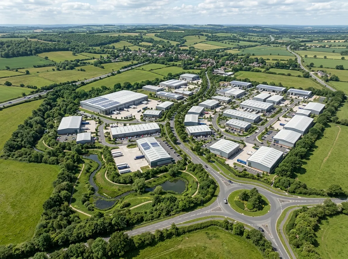 UK Referenz-CGI für einen Gewerbeflächen Masterplan mit Parzellenlayout, Erschließungsstraßen und Landschaftspuffer