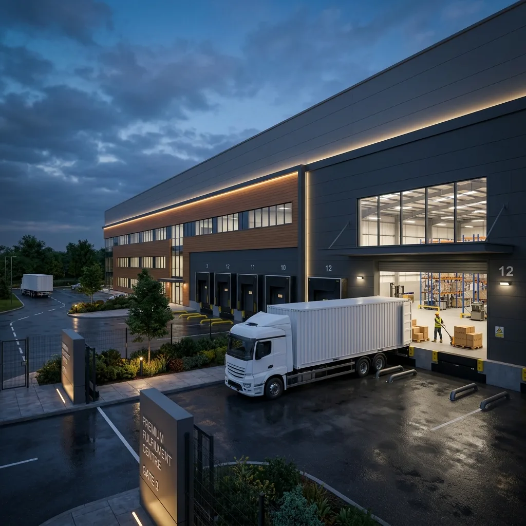 Fulfillment Center Visualisierung bei Dämmerung mit Docktoren, beleuchteter Bürofront und aktiver Verladung