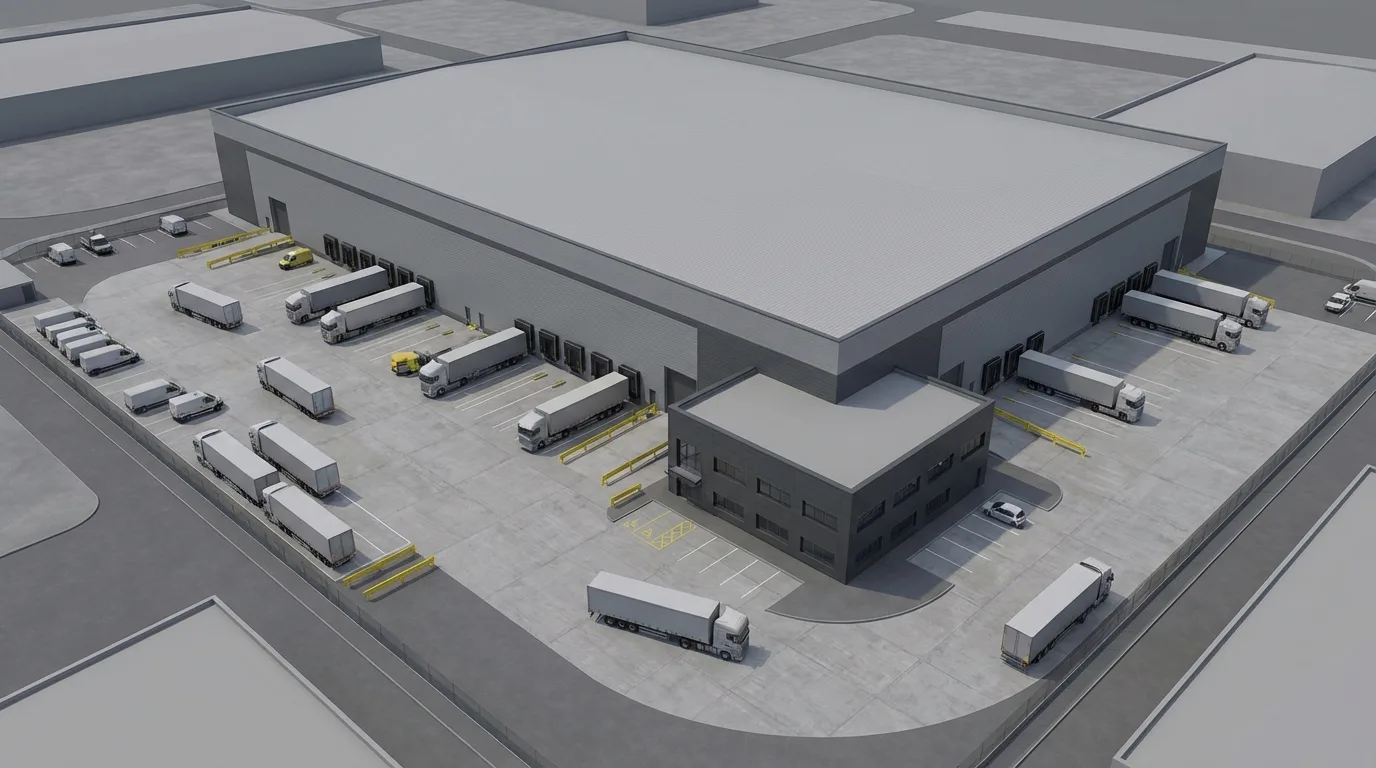 Fulfillment Center Visualisierung mit Standard-Durchsatz, Dockflächen und Bürofront