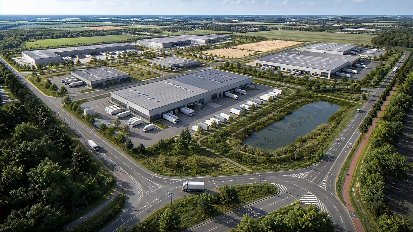 Luftbild-Visualisierung für Gewerbeflächen Masterplan mit Parzellenabgleich, Zufahrtslogik, Regenrückhaltebecken und Lkw-Führung