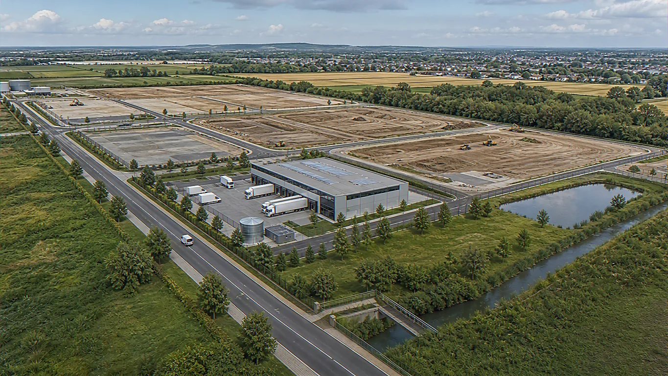 Phasensequenz-Luftbild für Gewerbeflächen-Masterplan-Visualisierung mit erster Nutzerparzelle, Erschließungsstraßen und vorbereiteten Baufeldern