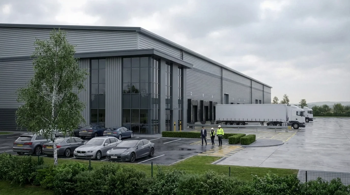 Logistikzentrum CGI Referenzbild mit Big-Box Halle, Lkw-Hof und Ladezonen