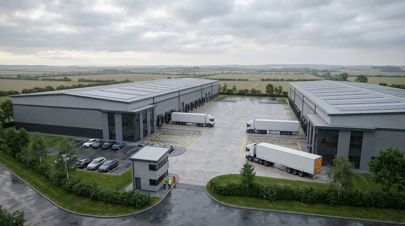 Luftaufnahme eines Logistikparks mit zwei Grade-A-Hallen, Anlieferungshof, PV-Dach und Landschaftsbund