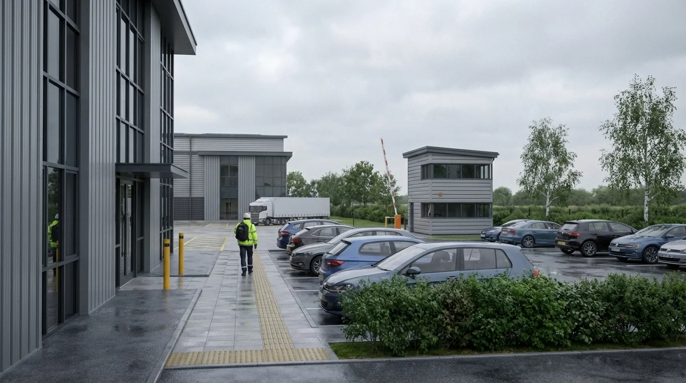 Fußgängereingang eines Logistikparks mit Bürogebäude, Wachhaus, Mitarbeiterparkplatz und Landschaftspflanzung