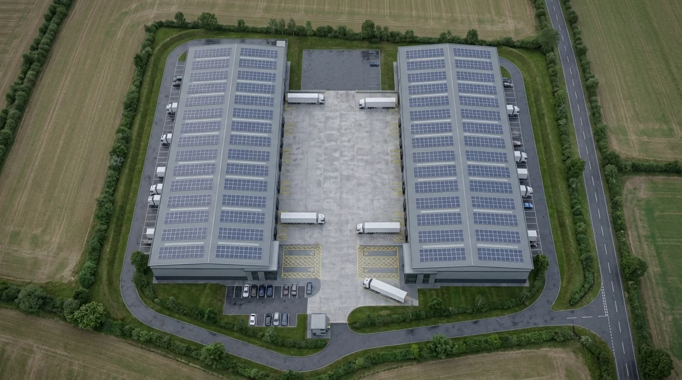 Masterplan-Luftaufnahme eines Logistikparks mit zwei Grade-A-Hallen, Anlieferungshof, PV-Anlage und Landschaftsbund