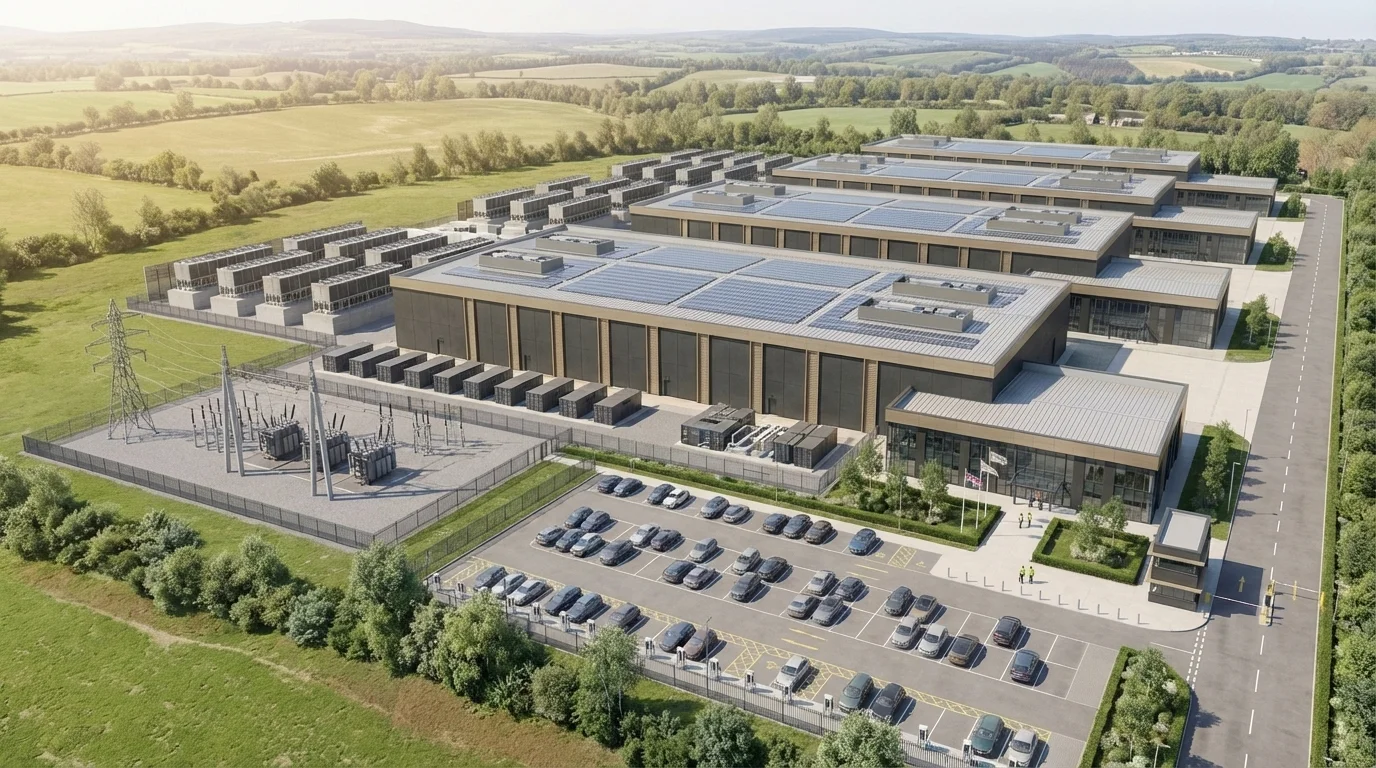 Aerial CGI eines AI Rechenzentrum Campus mit Datenhalle, Chiller Yard, Generatorlinie und Umspannwerk
