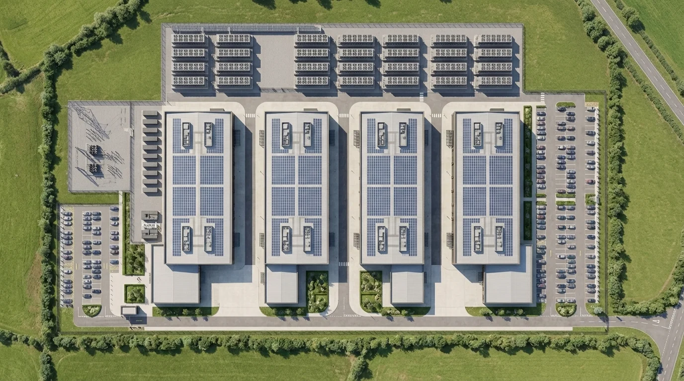 Masterplan CGI eines Hyperscale AI Rechenzentrum Campus mit Datenhalle, Plant Yard, Substation, Parken und Grünpuffer