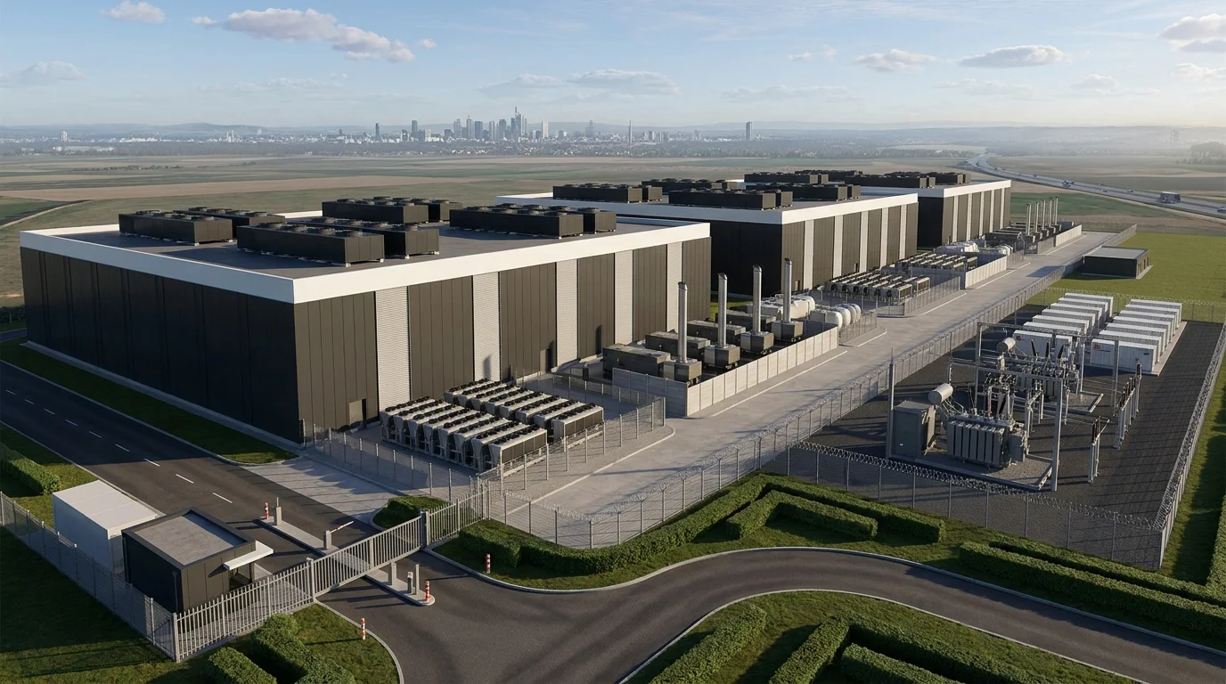Konzept-CGI für ein Hyperscale Rechenzentrum im Frankfurt Rhein-Main Cluster mit Datenhalle, Anlagenbereich und Umspannwerk
