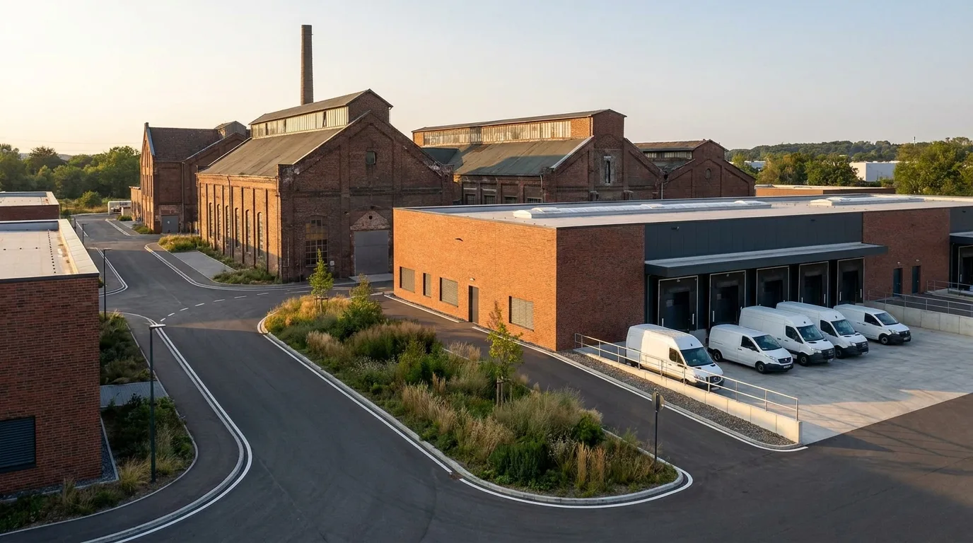 Industriebrachen-Transformation im Ruhrgebiet mit erhaltener Industrie-Architektur und neuen Mehrmieterhallen