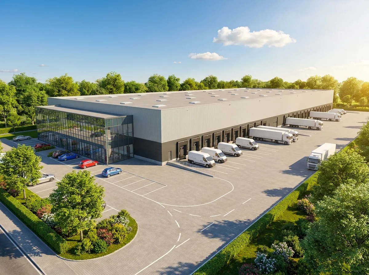 Distributionszentrum in Deutschland mit beidseitigen Docklinien, Hof und Bürospange für regionale Verteilung