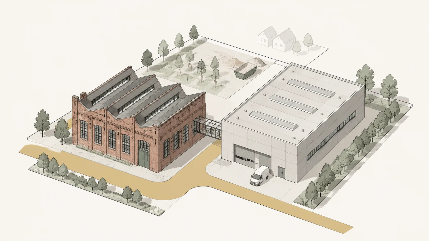 Axonometrische Illustration einer deutschen Industriebrachen-Transformation: erhaltene Backstein-Industriearchitektur, neue moderne Halle, Renaturierung und Anbindung