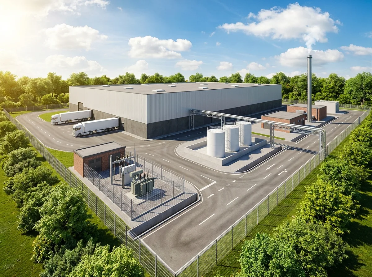Außenansicht eines Produktionsstandorts mit PV-Dach, Begrünung und Bürovorplatz als Werthaltigkeitsnachweis