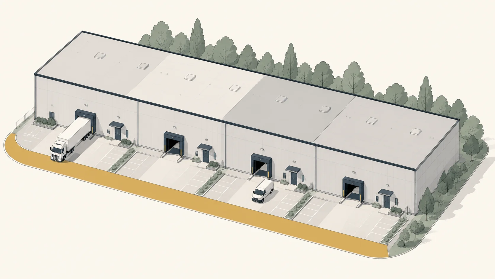 Visualisierung der ESG-Merkmale einer Produktionsimmobilie mit PV-Dach und technischen Zonen