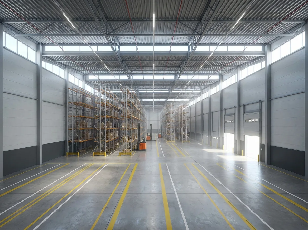 Beispiel Paket 3 Betreiber: Hochregallager-Innenraum mit Schmalgang, Pallet-Racking und Flurförderzeug