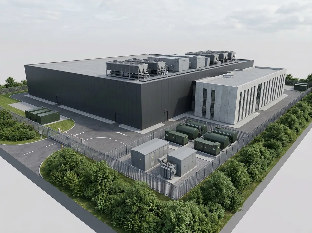 Rechenzentrum in Deutschland mit fensterloser Datenhalle, Dach-Kühlanlagen, Trafohof und Sicherheitsperimeter