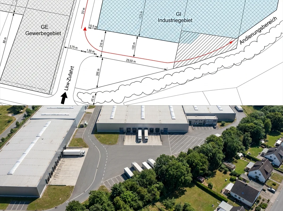 Beispiel Paket 1 Planung: B-Plan-Ansicht und Aerial einer deutschen Industrieimmobilie