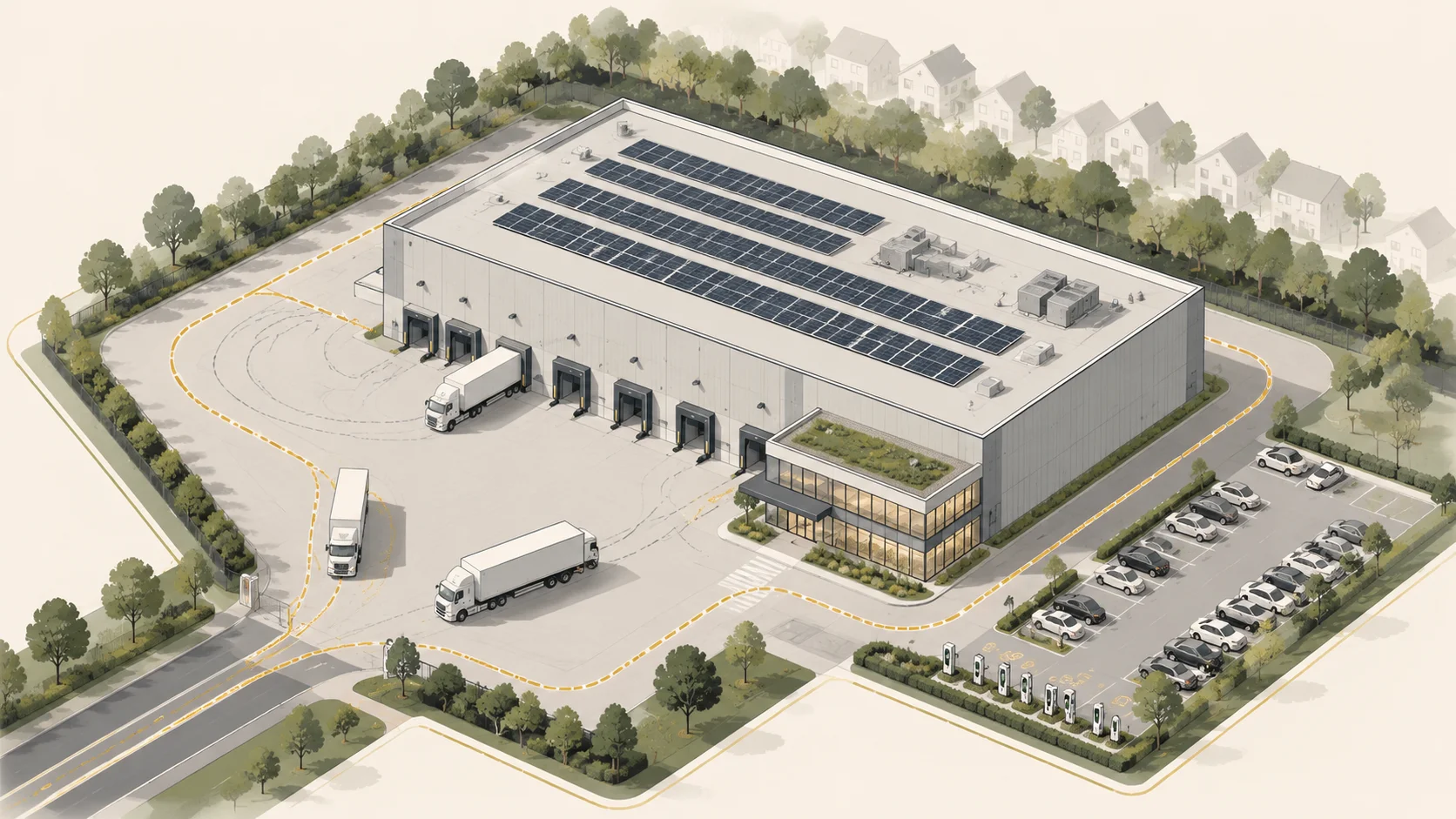 Axonometrische Illustration einer deutschen Industrieimmobilie als Standortsystem mit Baukörper, Erschließung, Andienung, Feuerwehrumfahrt, PV-Dach, Mitarbeiterparken und Nachbarschaftspuffer