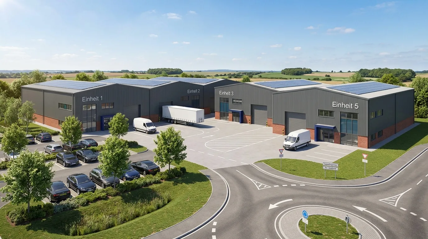 Konzeptvisualisierung für einen deutschen Gewerbepark mit mehreren Einheiten, Klinkerfuß, PV-Dächern und Service Yard