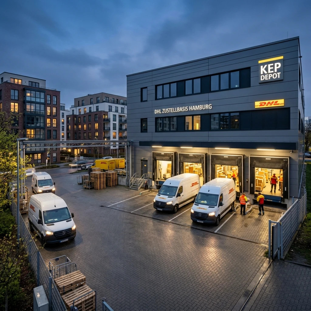 KEP-Sortierung und Lieferwagen-Flottenaufstellung an Ladezonen des Lieferdepots