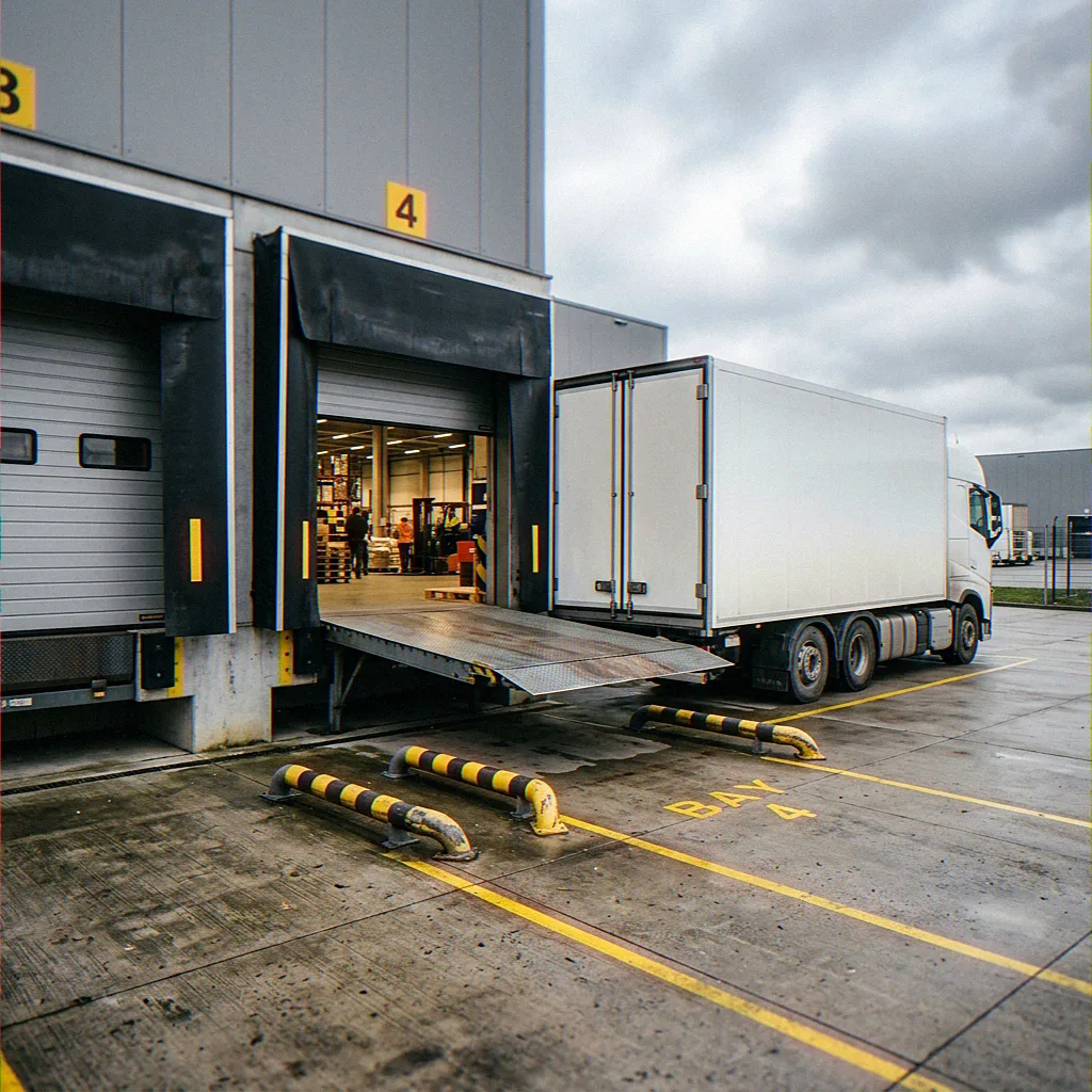 Angedockter Sattelzug mit ausgefahrenem Dockleveler an der Rampenlinie einer deutschen Logistikhalle
