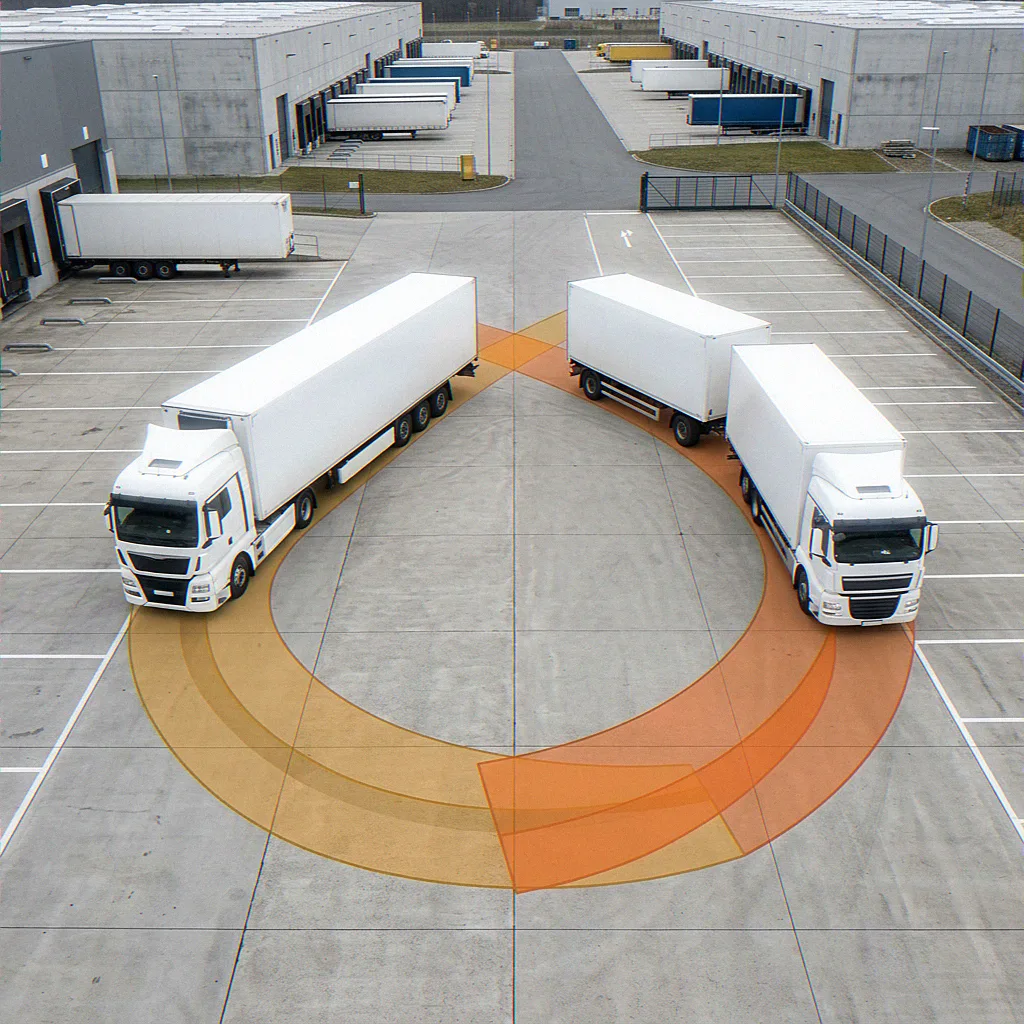 Visualisierter Vergleich: Schleppkurven und Wendekreise von Sattelzug (16,5 m) und Gliederzug (18,75 m) im verifizierten 3D-Modell