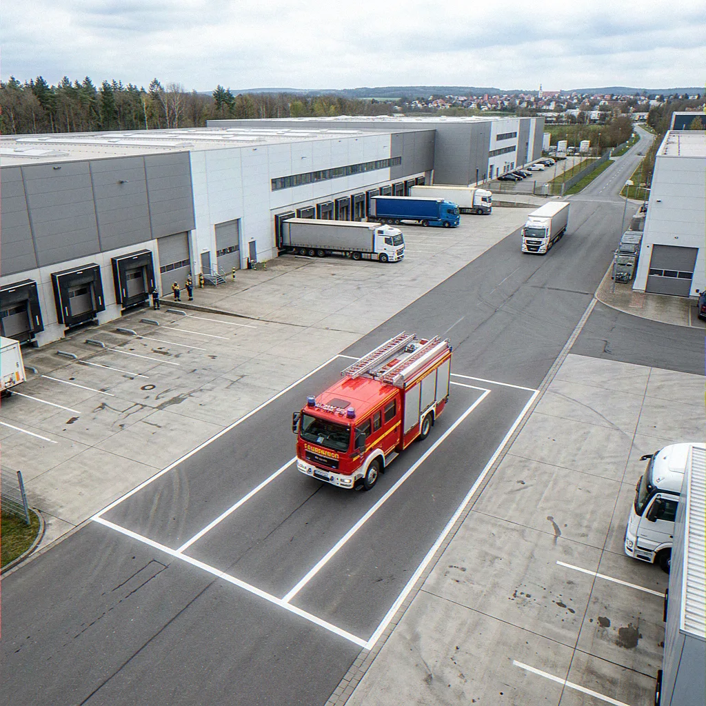 Visualisierter Nachweis: Feuerwehr-Aufstellfläche nach DIN 14090 mit Löschfahrzeug auf dem Lkw-Hof