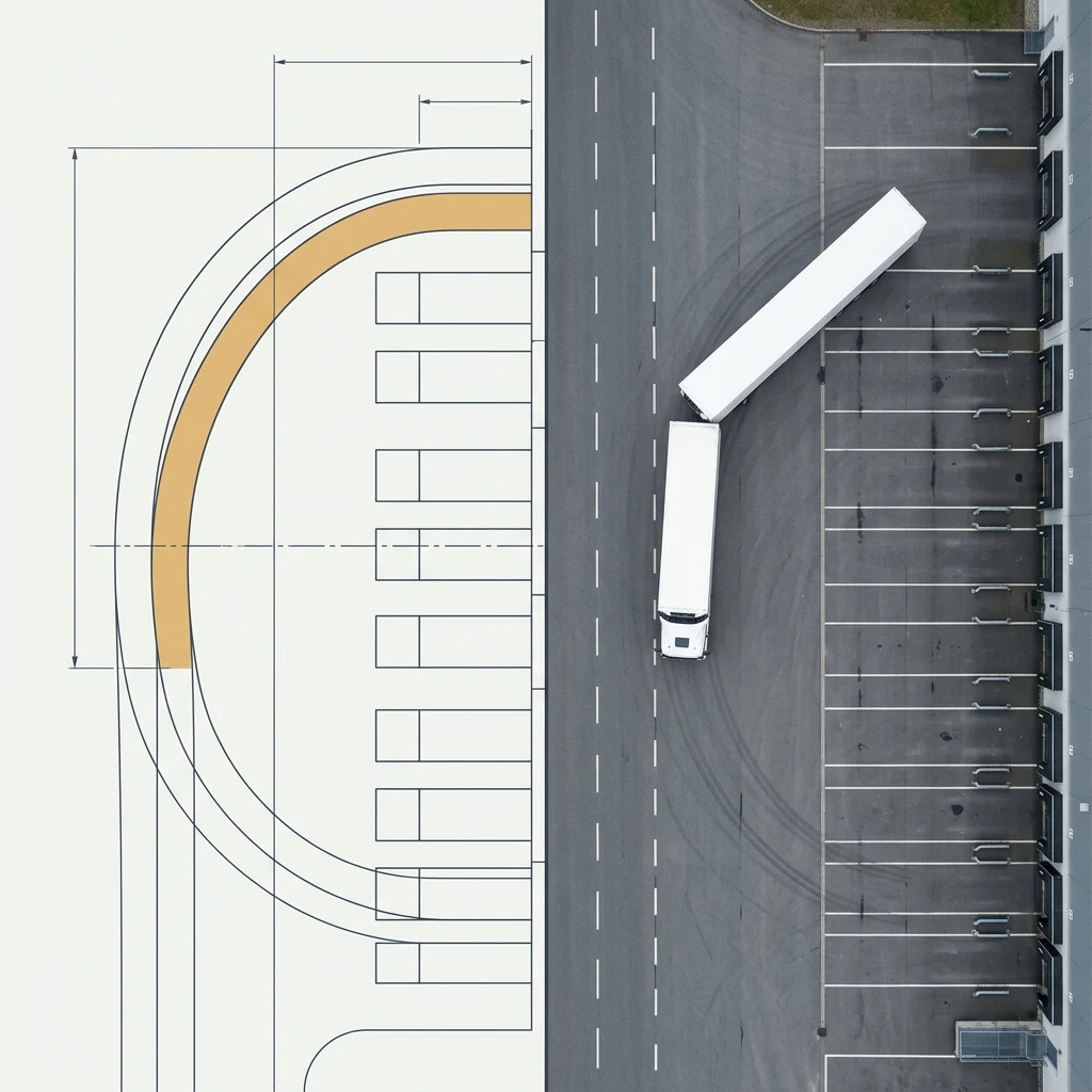 Vergleich Schleppkurve: links technischer CAD-Liniennachweis, rechts lesbare 3D-Andienungsvisualisierung