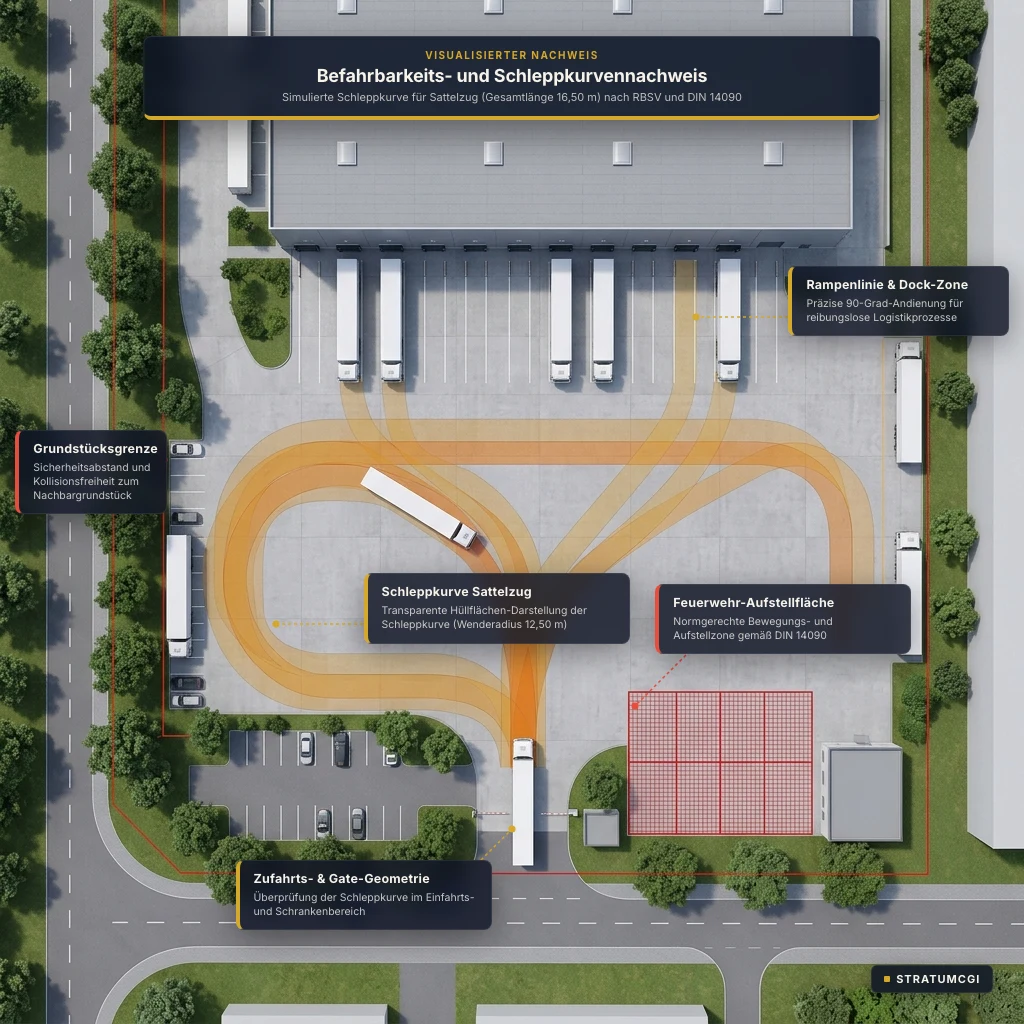 Schleppkurven-Lageplan der Lkw-Hoffläche für einen Sattelzug im 3D-Modell