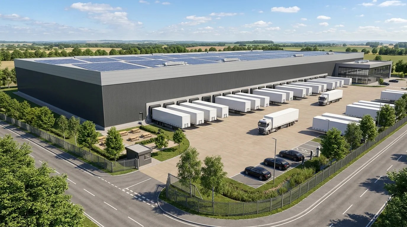 Logistikzentrum-Visualisierung als Referenzbild für eine deutsche Big-Box Logistikhalle mit Docklinie, Lkw-Hof und PV-Dach