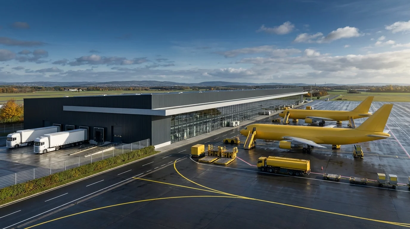 Konzept-CGI für ein Luftfracht-Terminal im Köln-Bonn Cargo-Hub mit Cargo Bays, Vorfeldlogistik und Terminalfassade