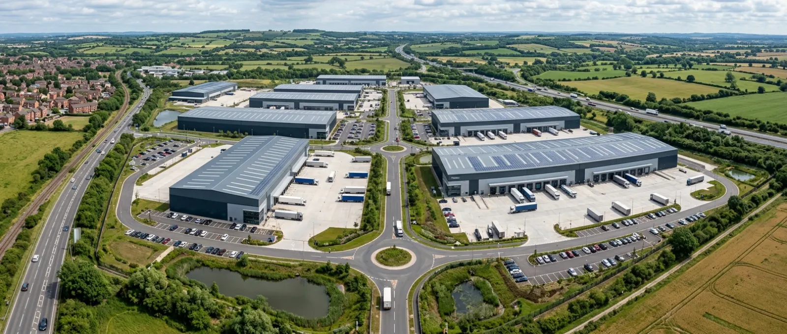 UK Referenz-CGI für einen Big-Box Logistikpark mit Hallen, Yard und Landschaftspuffer