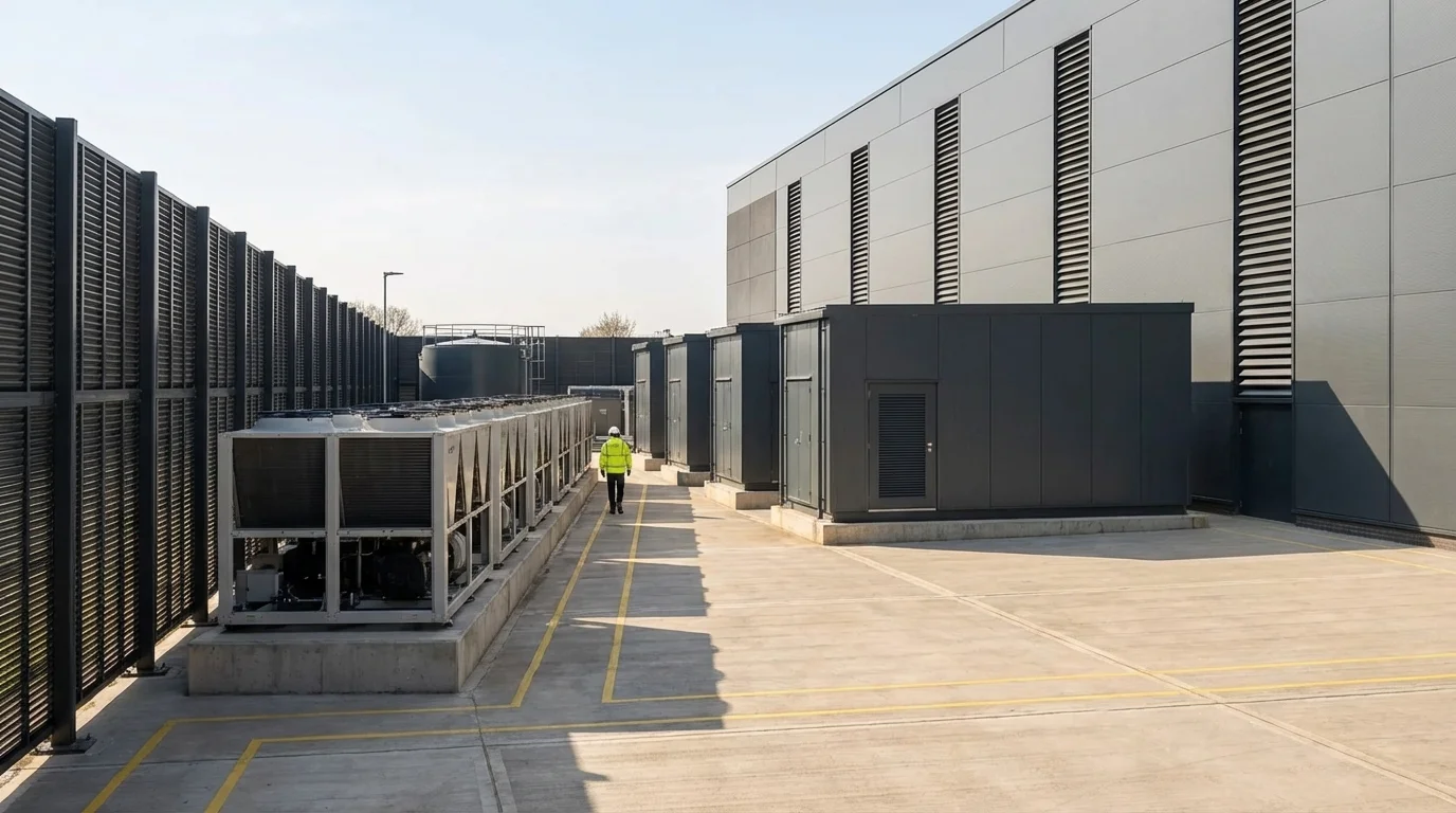 Plant Yard CGI mit externer Chiller Array, Generatorlinie, Akustikscreen und Fuel Compound