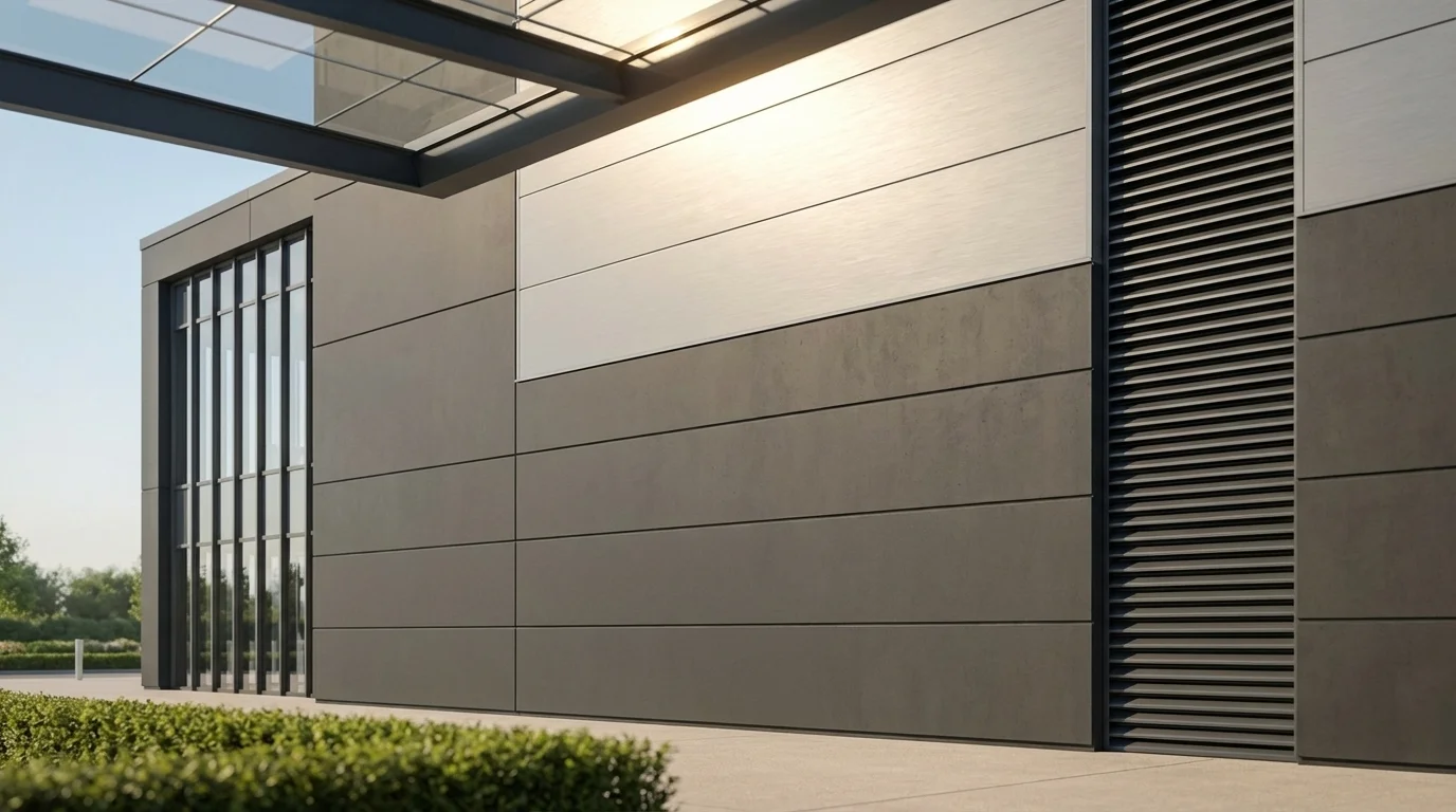 Fassadendetail CGI mit anthrazitfarbenen Precast Panels, Aluminium-Cladding und vertikalen MEP Louvres