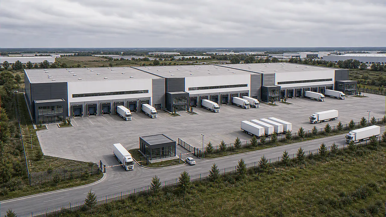 Photomontage eines Mehrnutzer-Logistikzentrums im Rhein-Ruhr Korridor mit getrennten Halleneinheiten, Servicehof und Docklinie