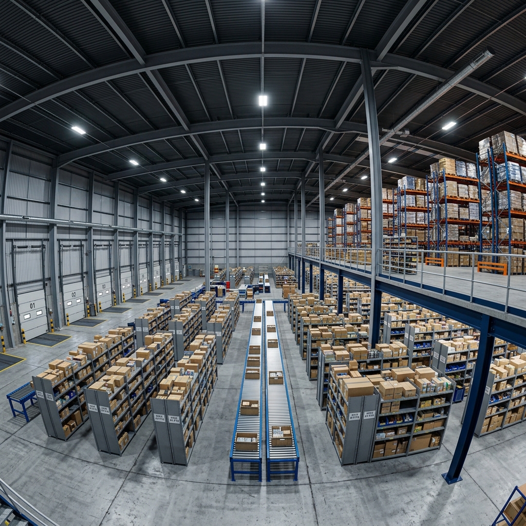Mezzanine im Versandzentrum mit Pick-Pack Stationen und Fördertechnik unter der Zwischenebene