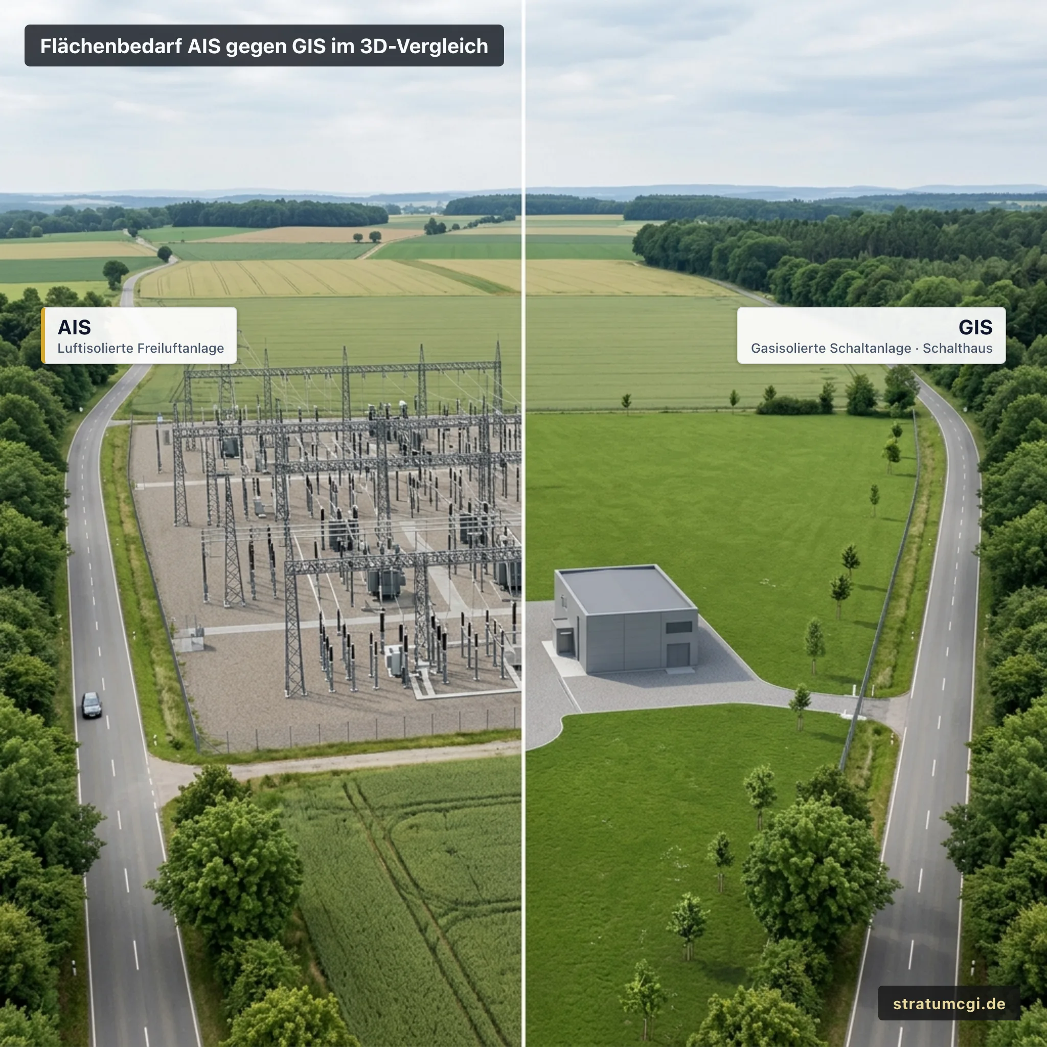 Dreidimensionaler Flächen- und Volumenvergleich zwischen einer Freiluft-Schaltanlage AIS und einer kompakten gasisolierten GIS-Schaltanlage