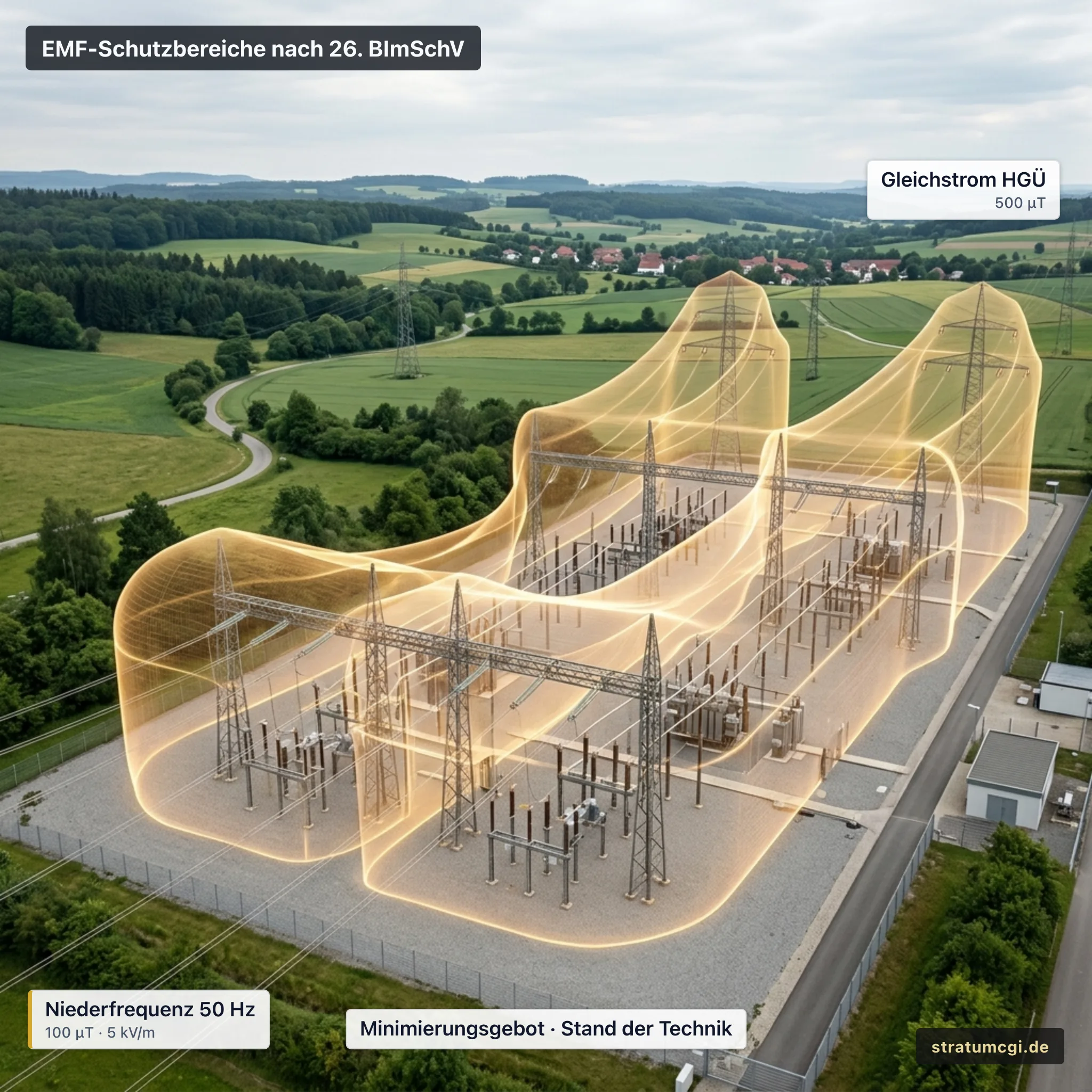 Technisches 3D-Diagramm der volumetrischen Hüllkurven elektromagnetischer Felder um ein Leitungsportal mit Mikrotesla-Abstandsmarken