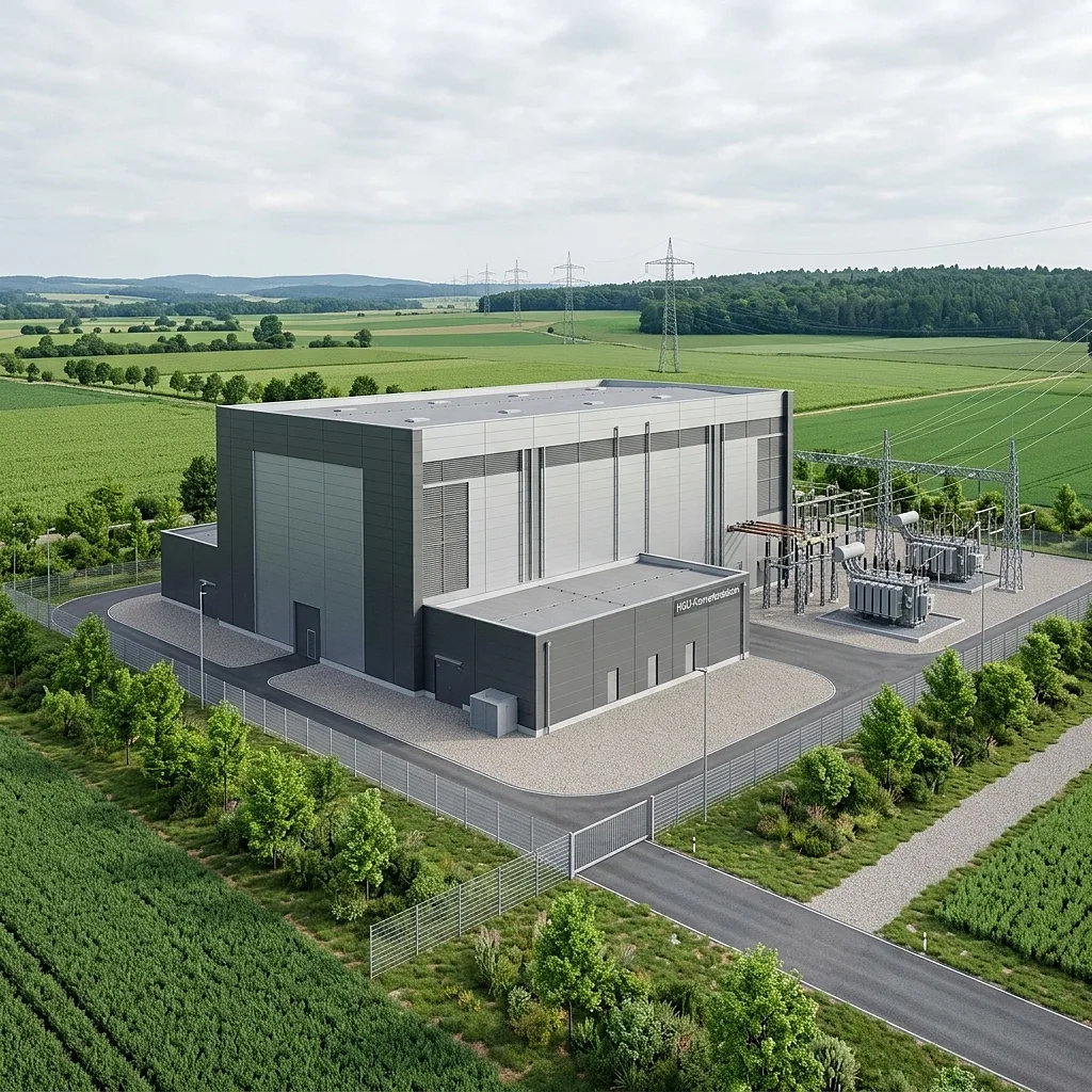 Fotorealistische 3D-Visualisierung einer 30 Meter hohen HGÜ-Konverterstation, eingebettet in die ländliche Topographie mit Gehölzgürtel