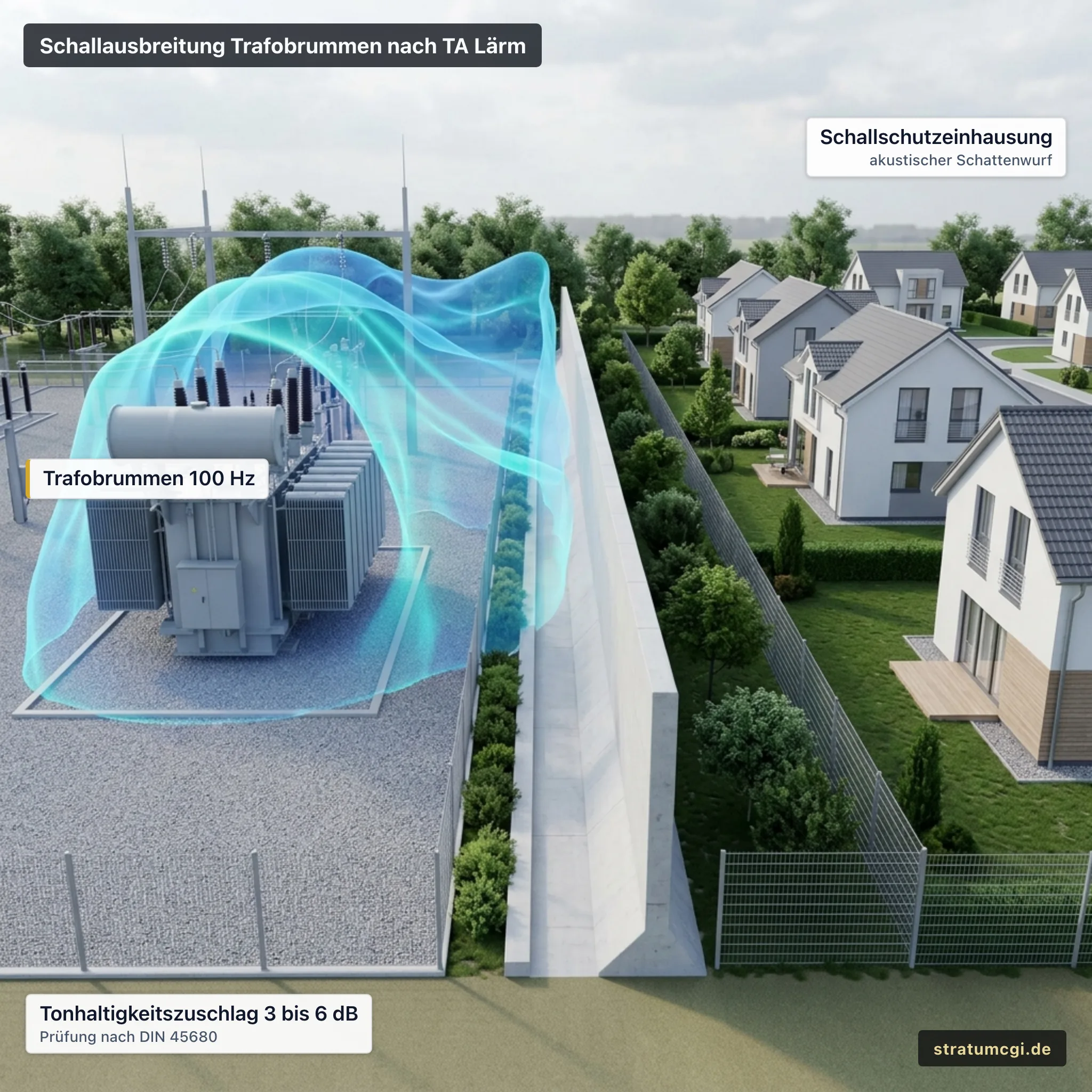 Farbcodierte 3D-Schallausbreitungs-Prognose des Trafobrummens mit akustischem Schattenwurf einer Schallschutzeinhausung