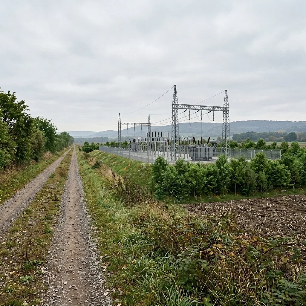 Soll-Zustand: visualisierte Umspannanlage mit Sichtschutzwall und Gehölzgürtel aus identischer Kameraposition