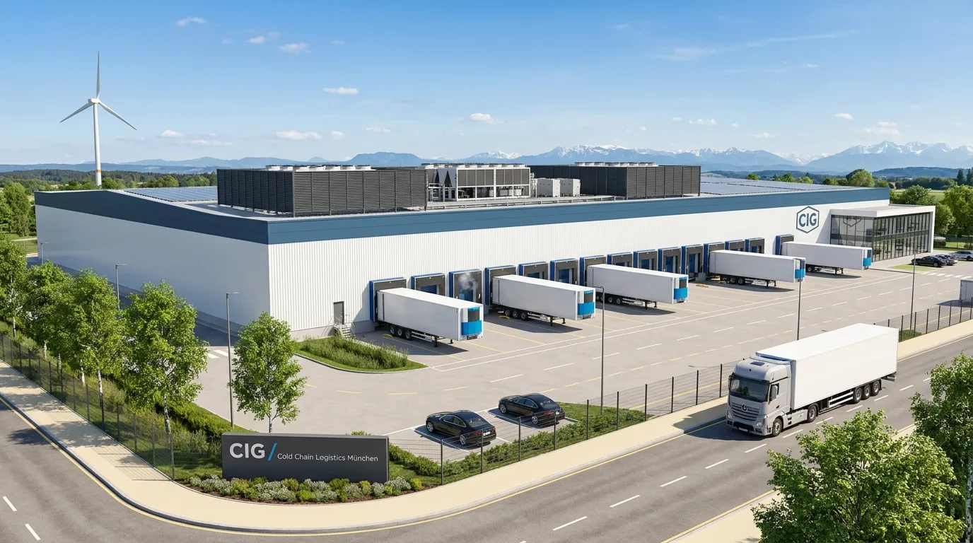 Konzeptvisualisierung für ein Kühllager Logistikzentrum im Münchner Korridor mit Kühlhülle, Servicehof und Technikabschirmung