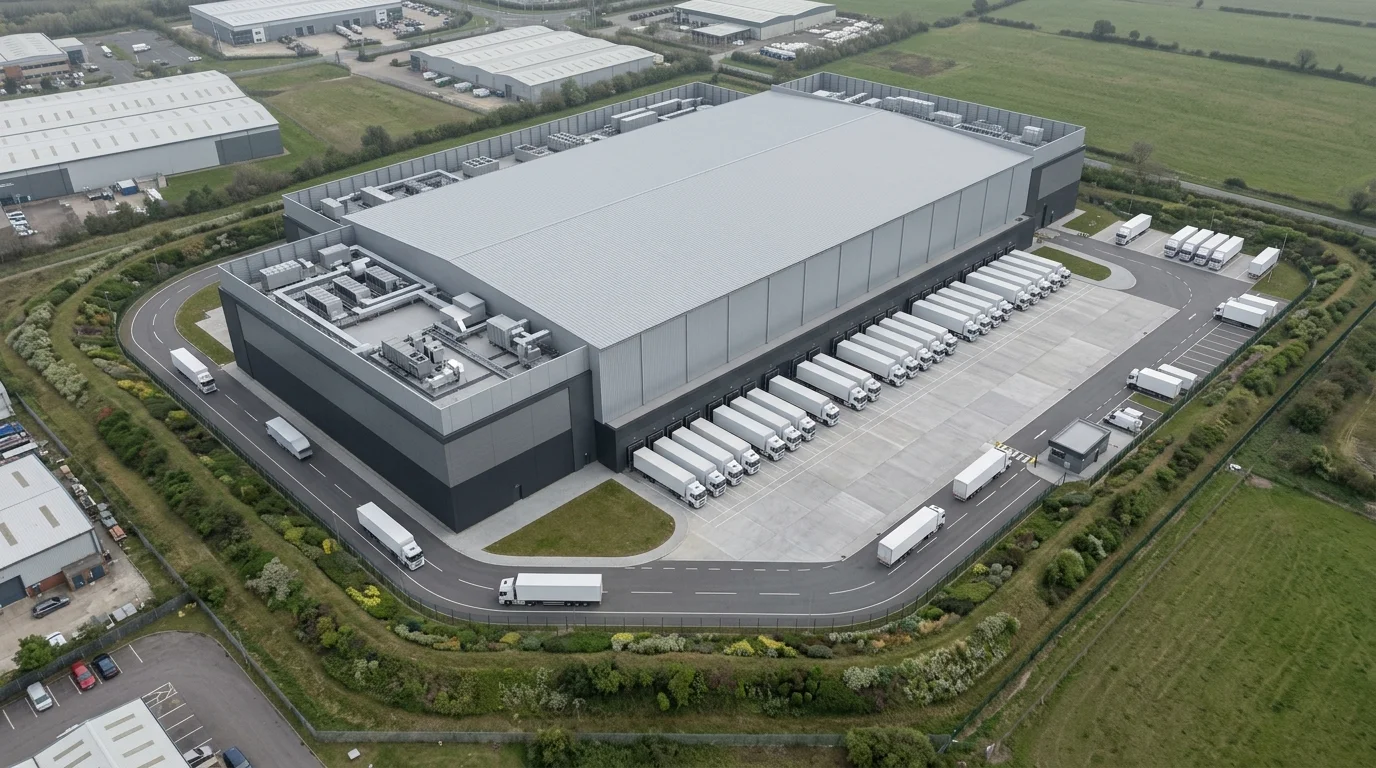 Luftbild CGI eines anonymisierten Kühllager Logistikzentrums mit Kühlhaus, ambienter Cross-Dock Zone, Yard und Dachtechnik